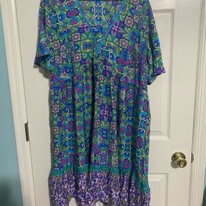 Rusty Dusty Floral V-Neck Midi Dress in Blue, Green & Purple 1XL